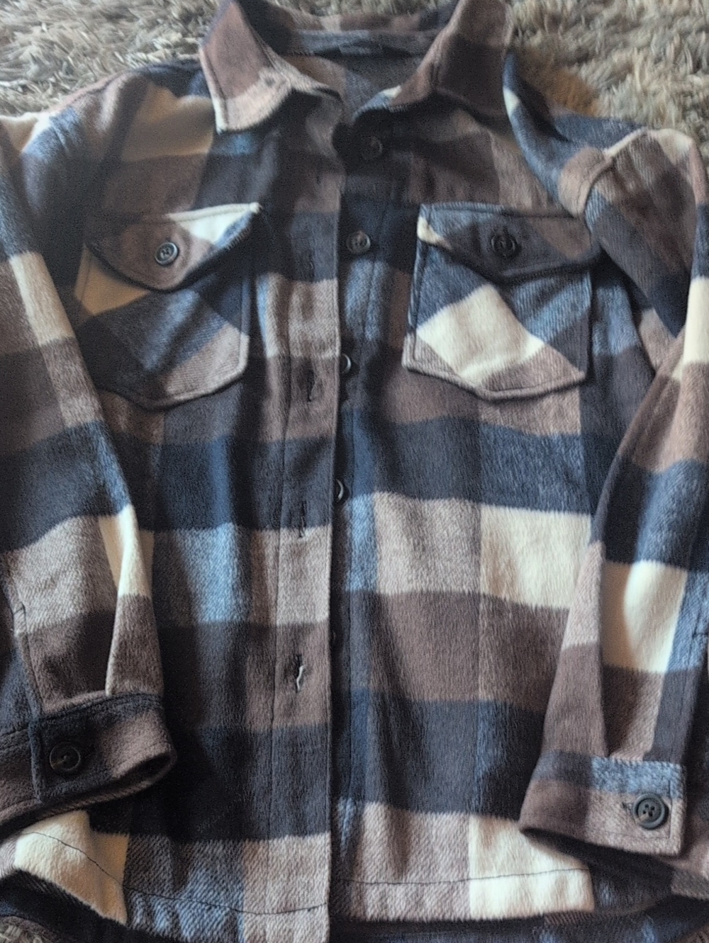 Plaid Flannel Button-Up Shacket in Brown, Blue, Cream Women's Large